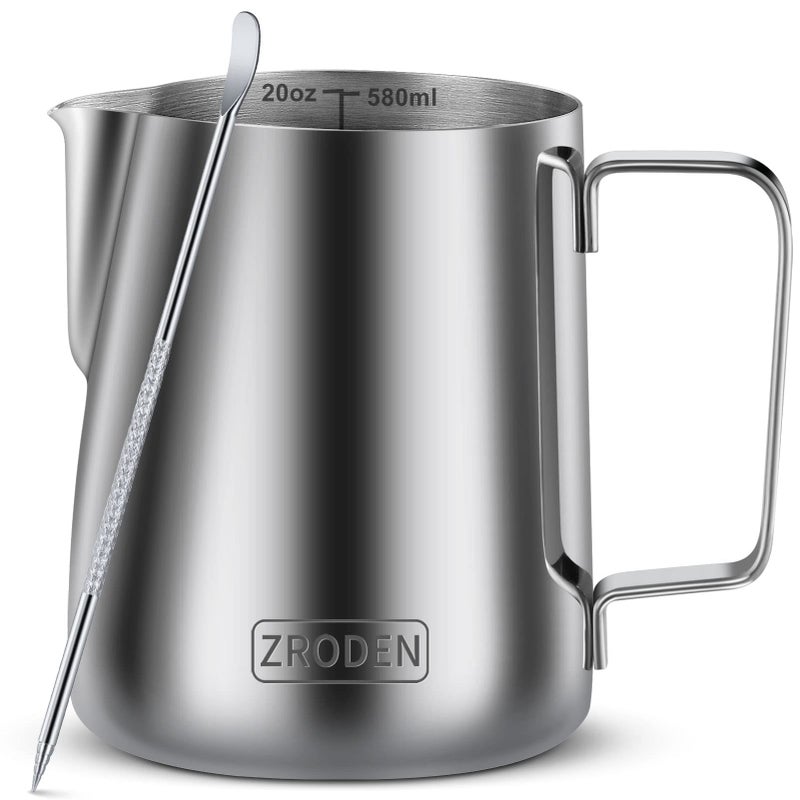 Zroden Milk Frothing Pitcher  20oz Espresso Steaming Pitchers Stainless Steel Cappuccino Coffee Machine Accessories Barista Tools Steamer Froth Pitchers Milk Jug Cup with Decorating Pen Latte Art - Image 1